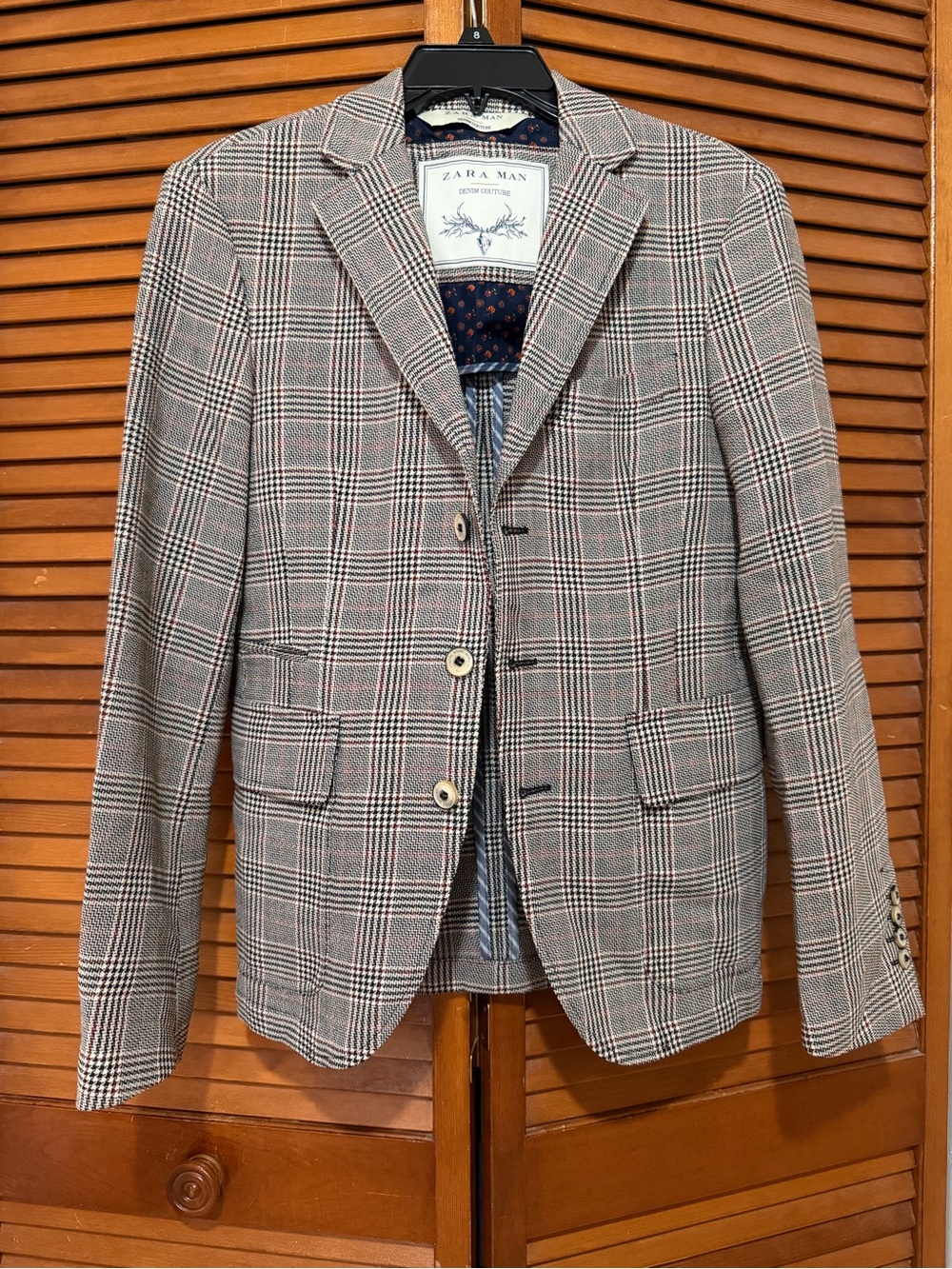 Zara Man Like New Size 36 Couture Plaid Blazer with Red Windowpane Accents